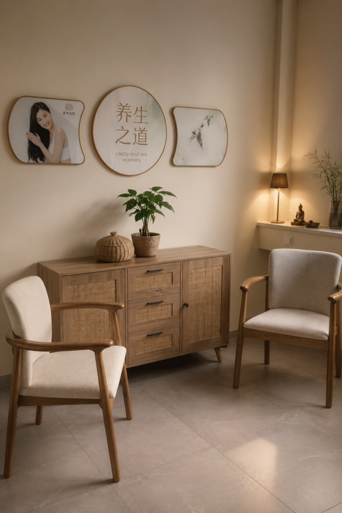 Ruhiger Tee- und Wartebereich bei LingQi TCM Head Spa München mit warmem Licht, Holzmöbeln und harmonischer Atmosphäre.