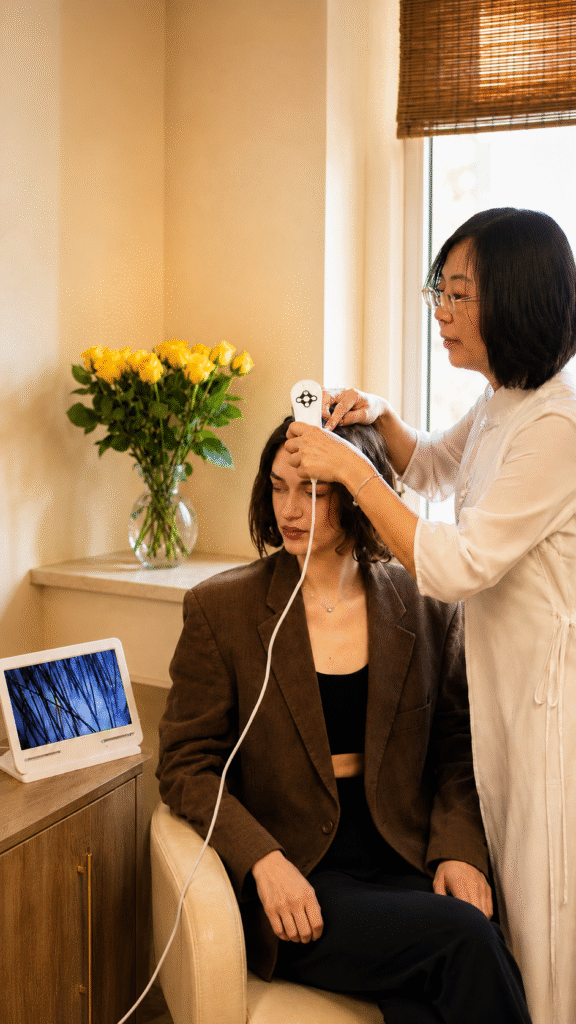 200× Kopfhaut-Analyse bei LingQi TCM Head Spa München mit Kopfhautkamera, Bildschirmansicht und individueller Behandlungsvorbereitung.
