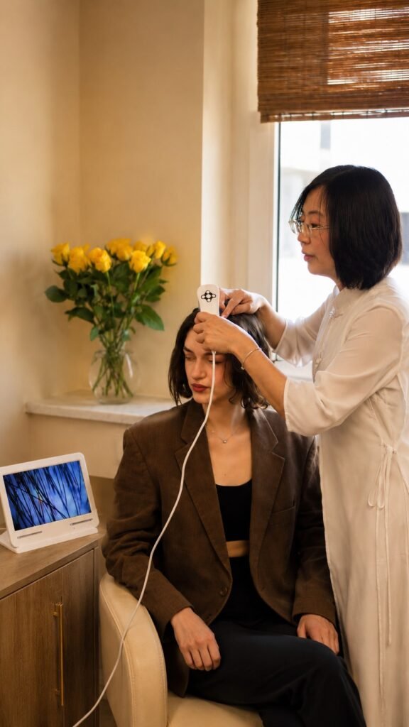 200× Kopfhautbetrachtung bei LingQi TCM Head Spa München vor der individuellen Head-Spa-Behandlung.